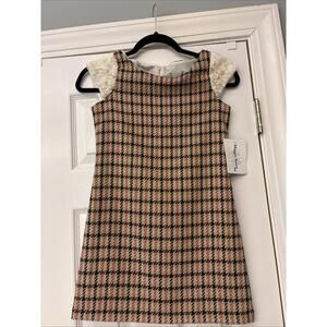 NWT Maggie Breen Brown & Pink Plaid Faux  Fur Cap Sleeve. $69. Size 8. Fall